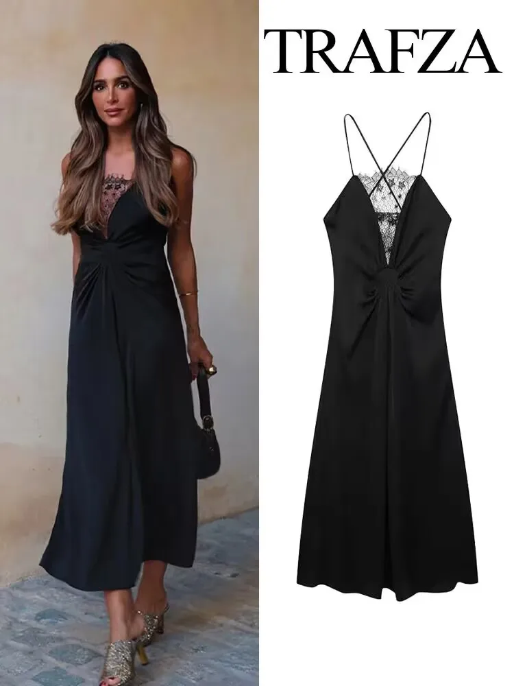 TRAFZA Female Beach Style Sexy Long Dress Black Sleeveless Backless Lace Decorate Zipper Summer Dresses Woman 2024 Trendy