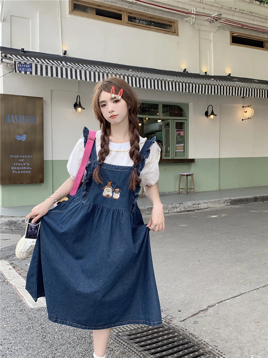 

Plus Size plus Size round Ne Lace Bubble Sve irt Top Women Summer Wooden Ear Denim Strap Dr Two Piece Set Korean Sle High W...