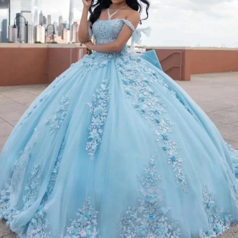 Sky Blue Vestidos De 15 Quinceañera Floral Applique Beading Off The Shoulder Ball Gown Tull Corset Sweet Customized Prom Gowns