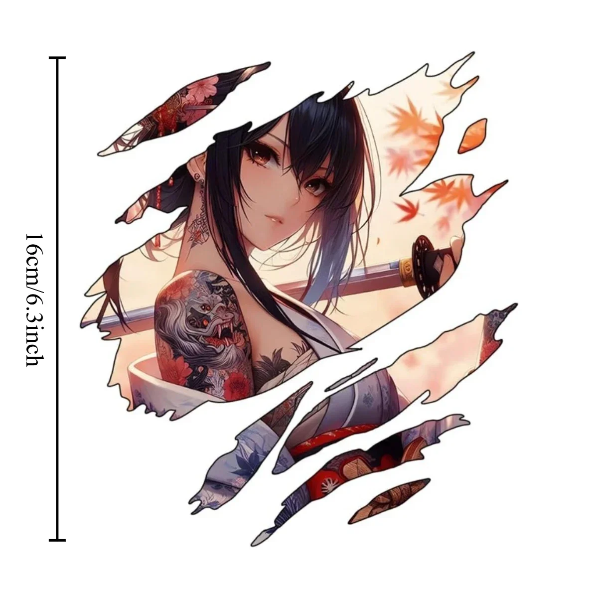 1PC 2D Flat Tattoo Anime Girl Torn Paper Vinyl Sticker, Waterproof Decal for Car Motorcycle Camper Laptop DIY Decor Holiday Gift