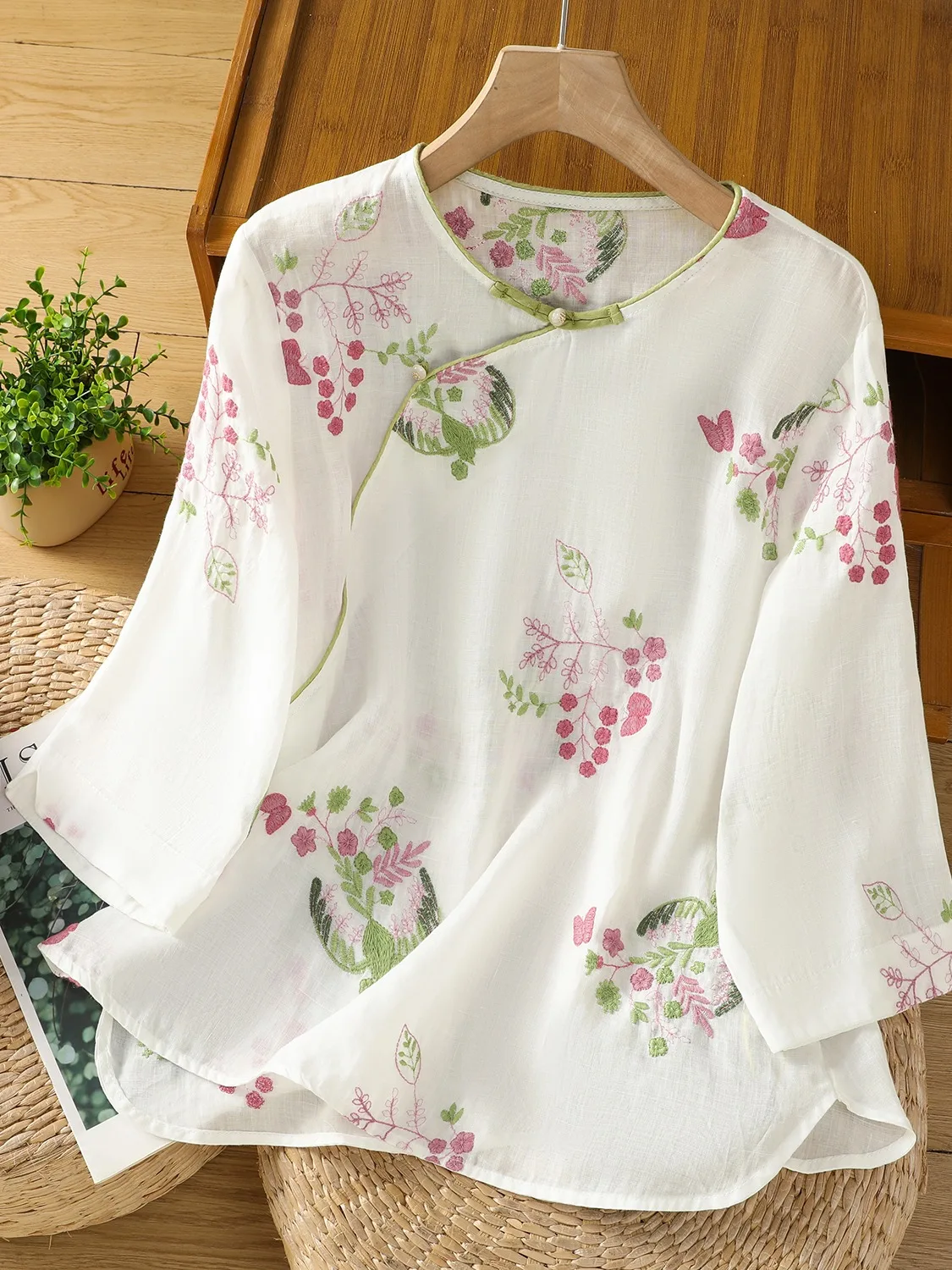 

Свободный крой, круглый хлопковый льняной топ с вышивкой, женский весенне-летний повседневный удобный дышащий топ на пуговицах