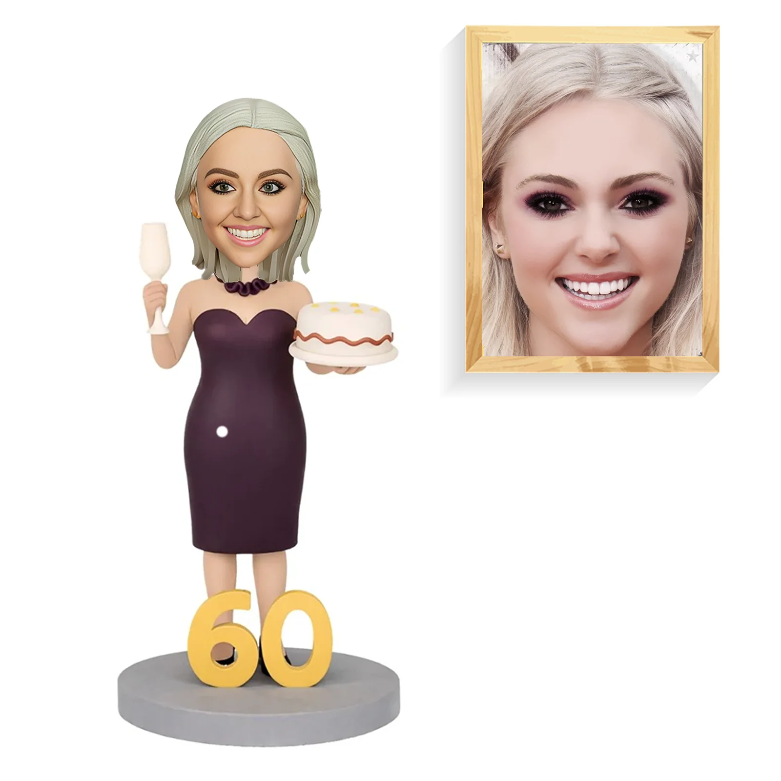 Custom Bobblehead Birthday for Woman-Personalized Figurine from Photo with Cake & Wine Glass, Elegant Dress Gift for Wife Friend