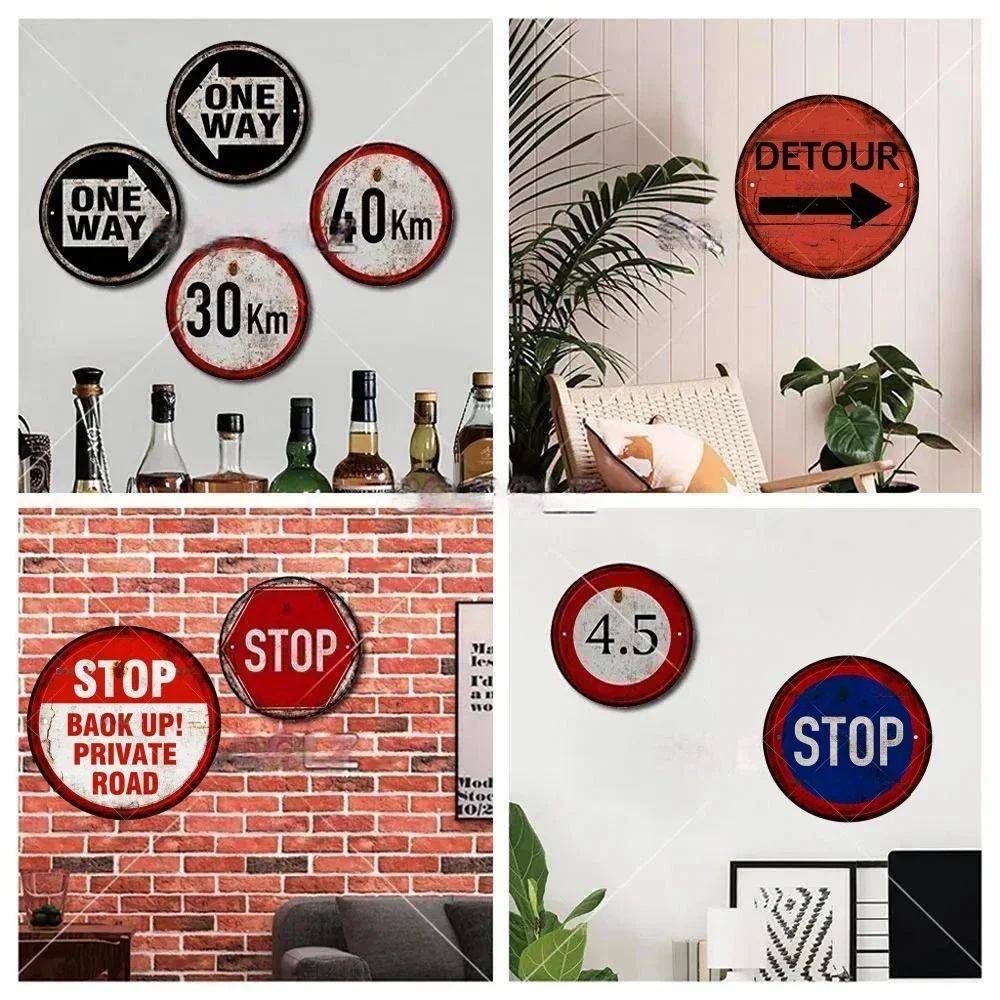 STOP Warning Round Vintage Metal Signs Tin Plate Plaque Posters Garage Wall Decor for Road Bar Pub Store Yad Outdoor