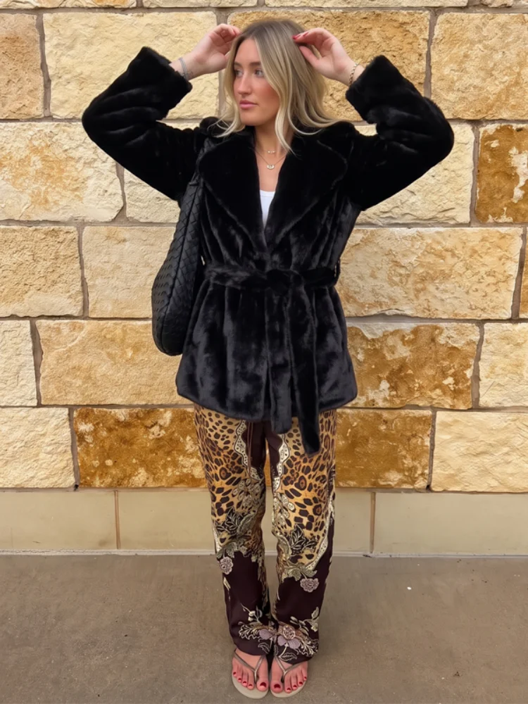 Black Faux Fur Shawl Collar Belted Short Coats Chic Long Sleeve Fluffy Warm Jacket Winter Daily Street Soft Chic Outerwear Top