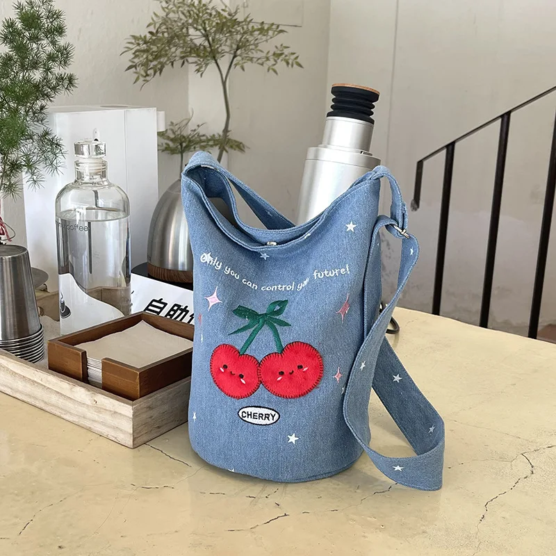

Sweet Cherry Embroidery Women Denim Shoulder Crossbody Bags Large Capacity Ladies Bucket Bag Lightweight Student Handbag Tote