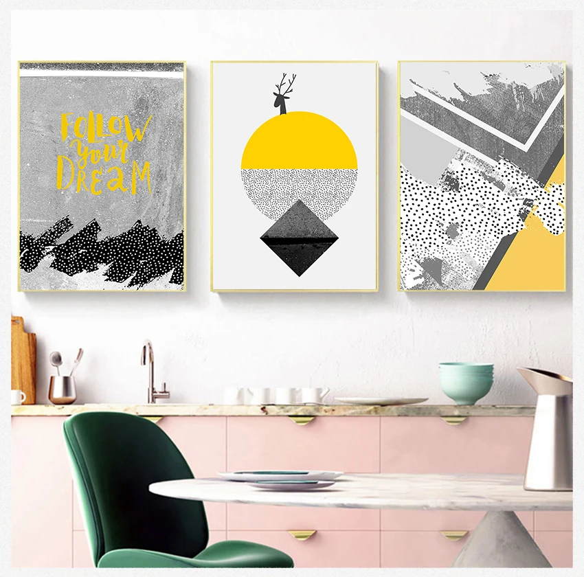 Prints Black White yellow Posters for Living Room Morden contracted Decor Nordic Deer Abstract lines wall art Canvas Painting