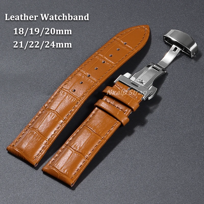 Butterfly Buckle Leather Watch Band 18mm 19mm 20mm 21mm 22mm 24mm Bracelet Bamboo Pattern Strap Men Women Replacement Wristband