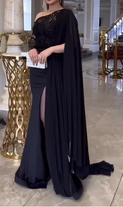 One Shoulder Evening Dresses Beadings Long Sleeves Prom Dress Floor Length Saudi Arabia Women\'s Formal Dress Customized