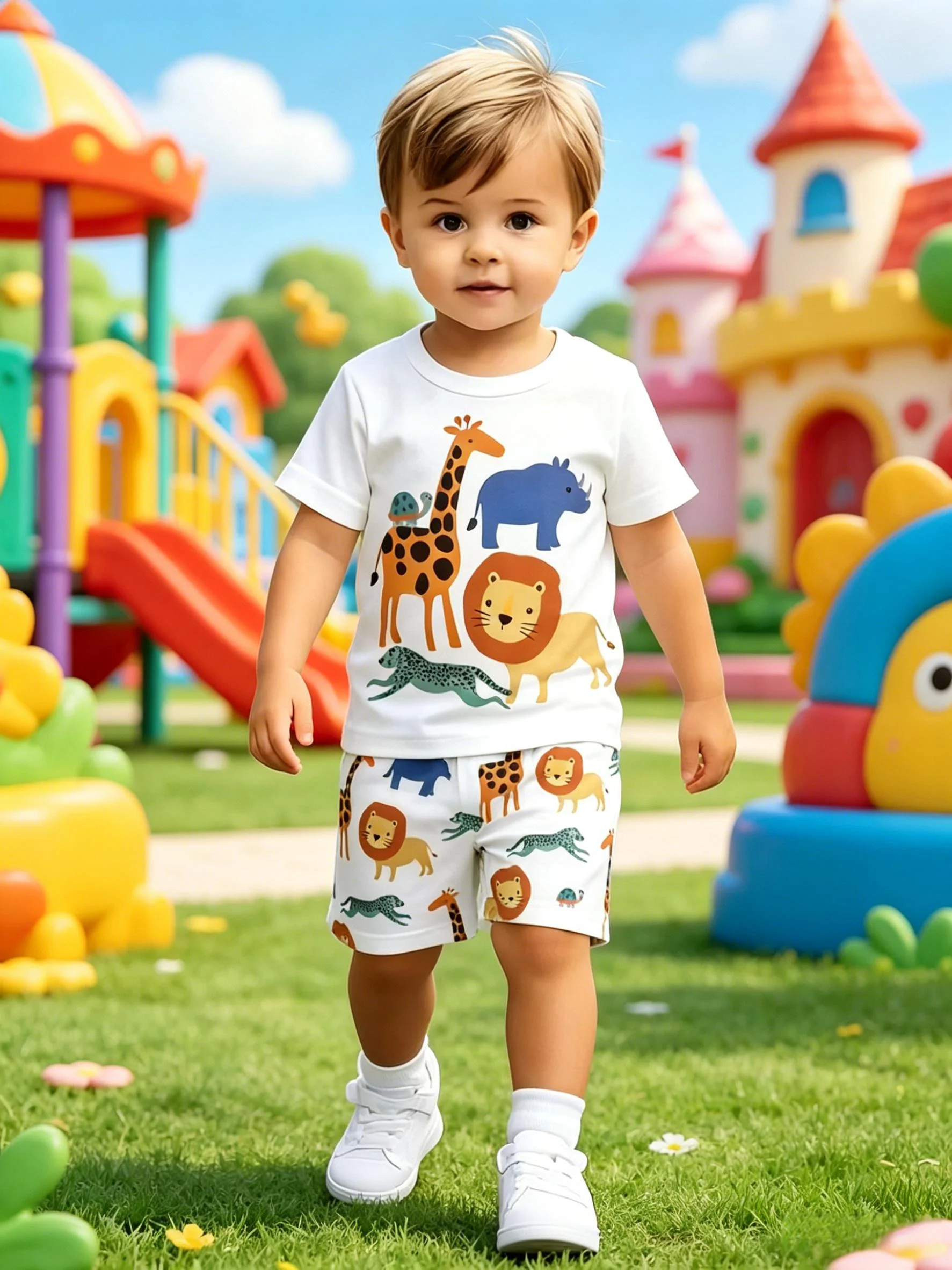 Boys’ zoo print two-piece set: fresh tee + loose shorts, cover kids’ comfort and natural playfulness
