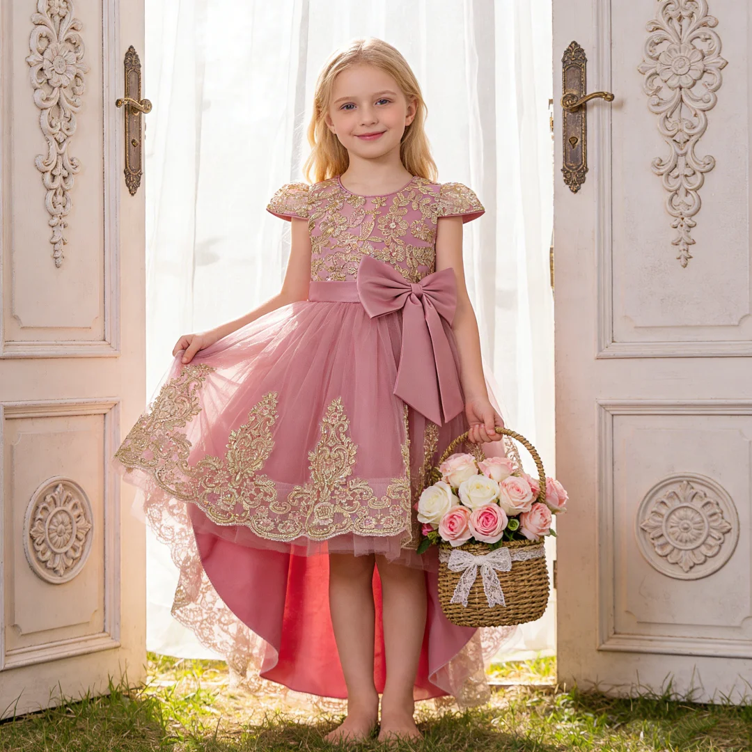 

Платье на день рождения для девочек, кружевное праздничное платье с вышитым бантом и золотым краем, юбка-понса с вышитым хвостом, платье для выступлений на фортепиано