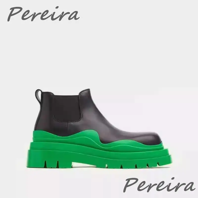 

Round Toe Chunky Platform Chelsea Boots Green Mixed Colors Slip On Ankle Booties Autumn Winter Height Increase Women Men Shoes