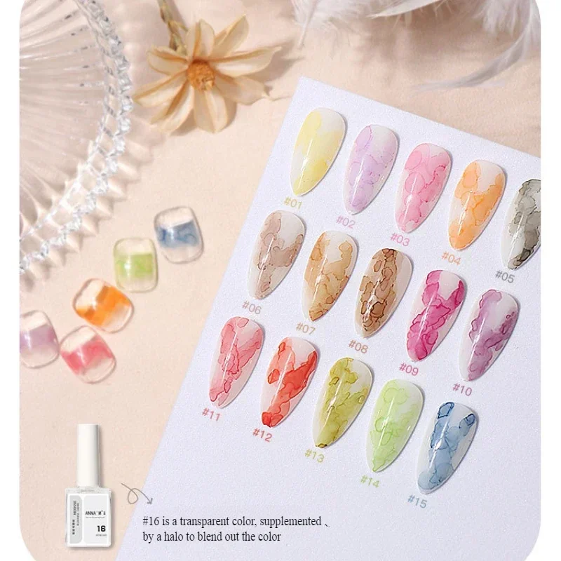 16 Stuks Heldere Bloeiende Gel 15Ml Uv Led Inweek Van Nail Art Lak Voor Het Verspreiden Van Effect Marmer Aquarel Effect Gel Nagellak