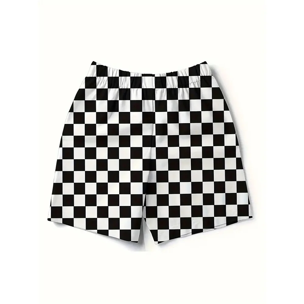 Men\'s Beach Pants Checkerboard 3D Printed Shorts Men\'s Summer Breathable Shorts Fitness Street Shorts Men\'s Ropa Hombre