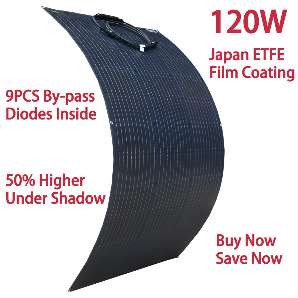 لوحة طاقة شمسية 110 واط 120 واط 220 واط 240 واط 18 فولت مع 9 قطعة بواسطة تمرير ديود ETFE مرنة الخلايا الشمسية 12 فولت شاحن بطارية للتخييم RV قارب