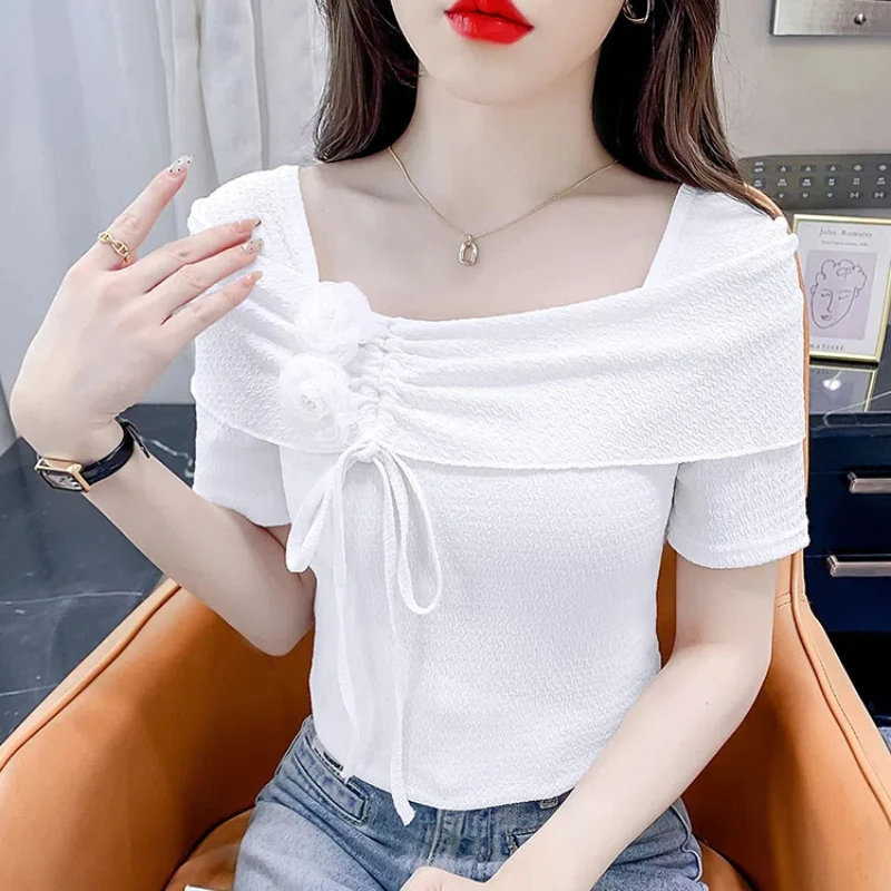 Fashion Irregular Lacing T Shirts Summer New Short Sleeve Solid Color Drawstring Slim Short Tops Tees Sexy Sweet Women Clothing