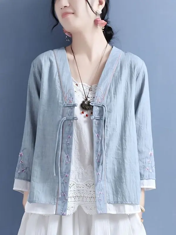 

New Chinese Sle Women's Cotton Linen Loose Fit Open Front Seven Quarter Sve irt Thin Outerwear Cardigan Breathable Ski...