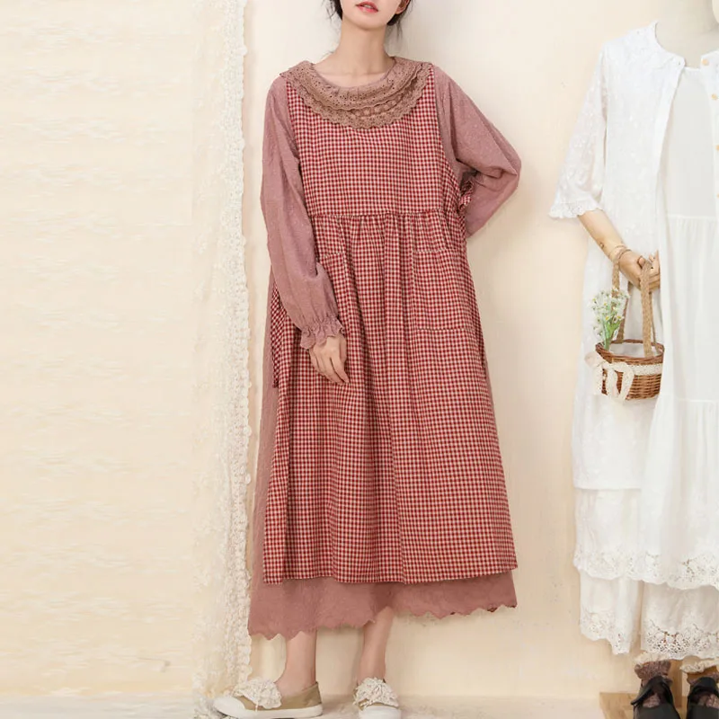 Johnature 2024 Spring Summer New Mori Cotton Linen Sleeveless Plaid Tie Dresses Vintage Loose All Match Pockets Women Dress