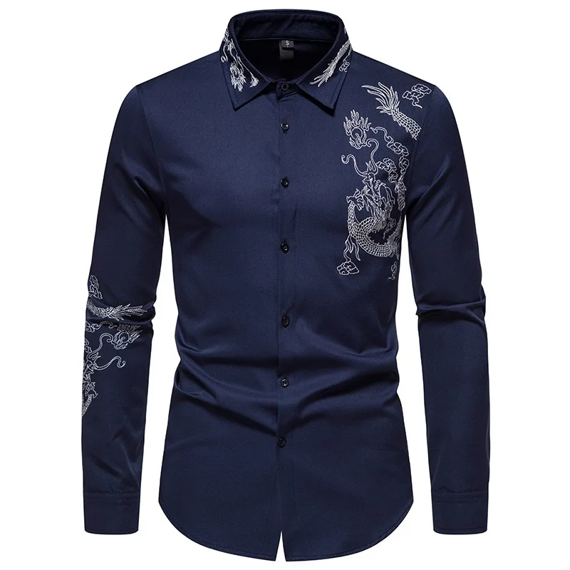 Dragon Embroidered Long Sleeve Shirt Autumn and Winter Single Breasted Slim Fit Button Retro Social Dress Shirt Street Wear