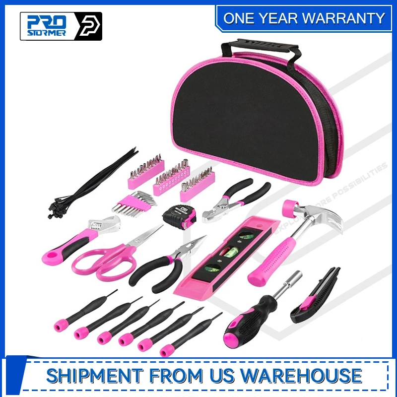 Pink Tool kit 69 Piece Ladies Hand Tool Set with Easy Carrying Round Pouch Household Tool Kit for DIY Home Maintenance