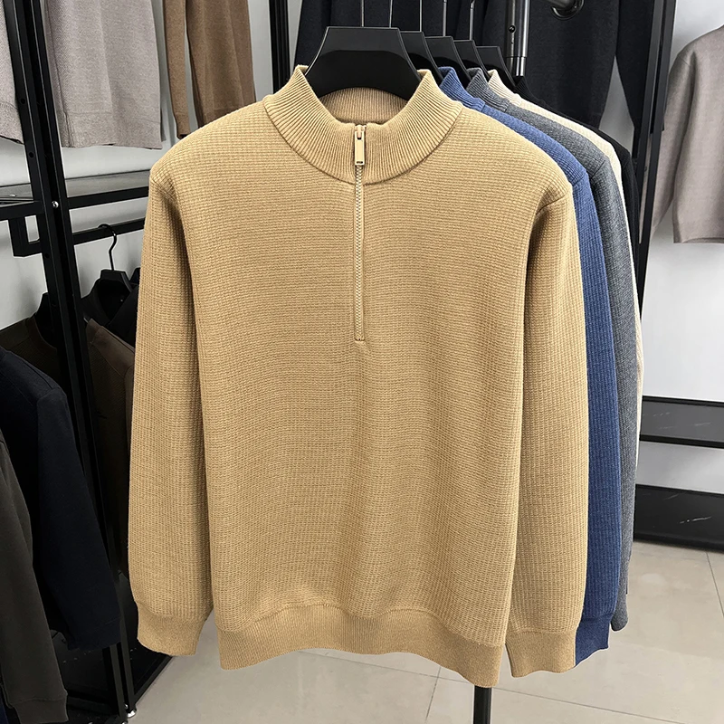 سترة رجالية عالية الجودة بنصف سحاب وياقة واقفة كاجوال فاخرة كلاسيكية بلون شتوي بلوفر متماسك سميك ودافئ #6