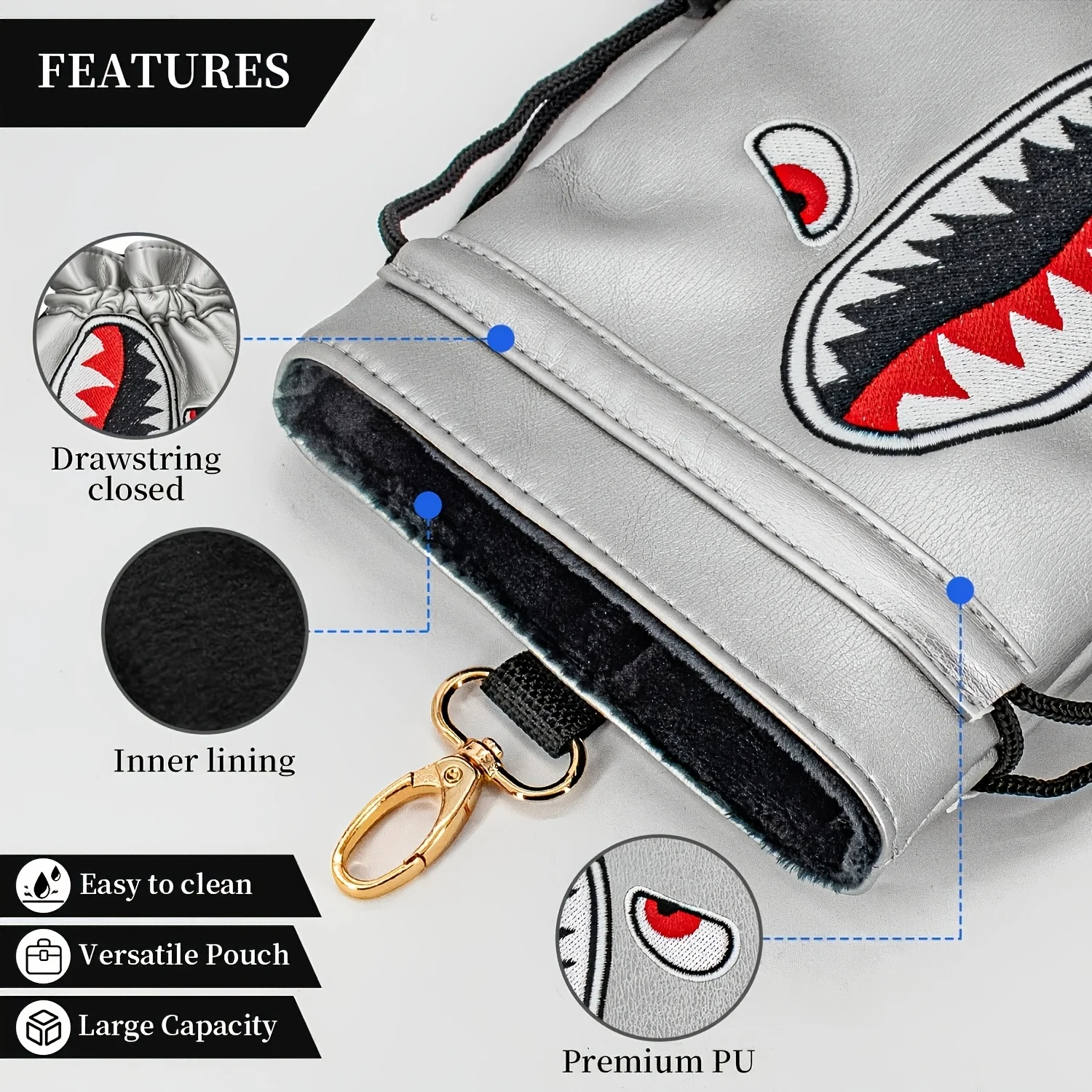 1pc Shark Style Golf Bag with Drawstring Closure, Portable Durable Faux PU Golf Ball & Tee Pouch with Drawstring