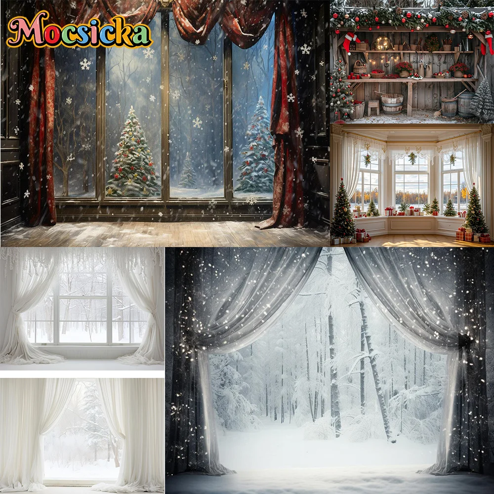 

Mocsicka Photography Background Christmas Tree Wreath Window Room Decoration Backdrop Family Xmas Holiday Portrait Studio Prop