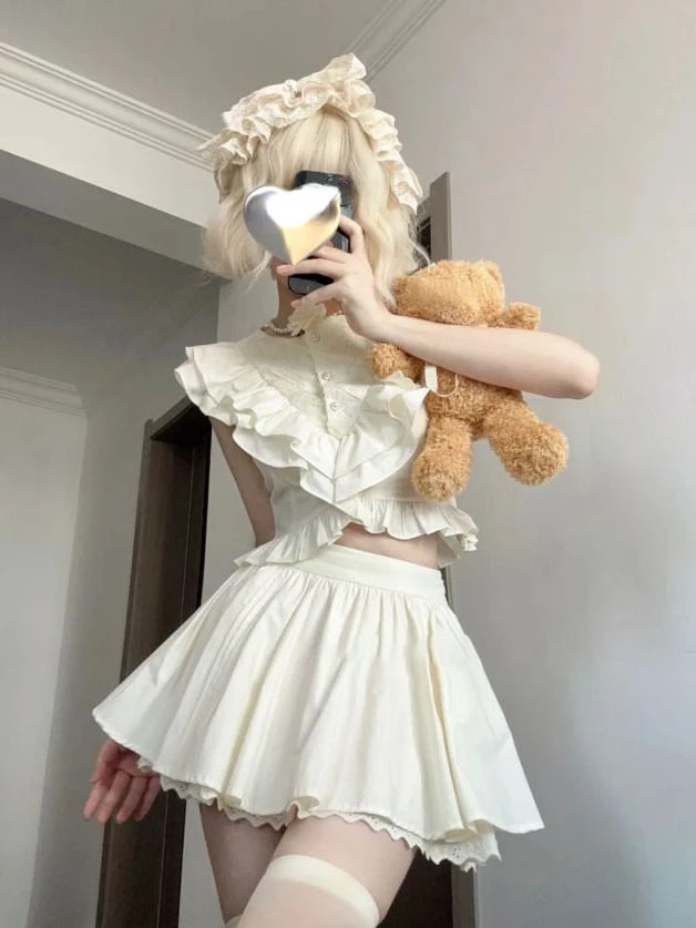 2024 Summer Hot Girls Sweet Kawaii Suit Woman Casual Cute Blouse Japanese Style Y2k Mini Skirt 2000s Aesthetics Fashion Sets