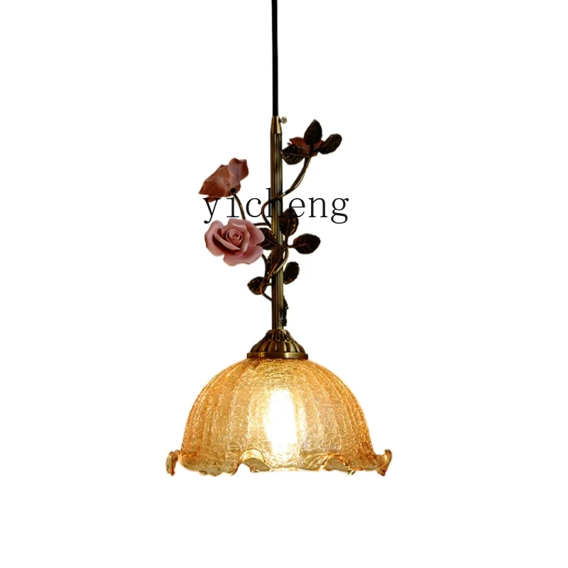 ZK Copper Bedside Chandelier Atmosphere Rose Flower Small Droplight Creative Personality Retro Art Modern Dining-Room Lamp