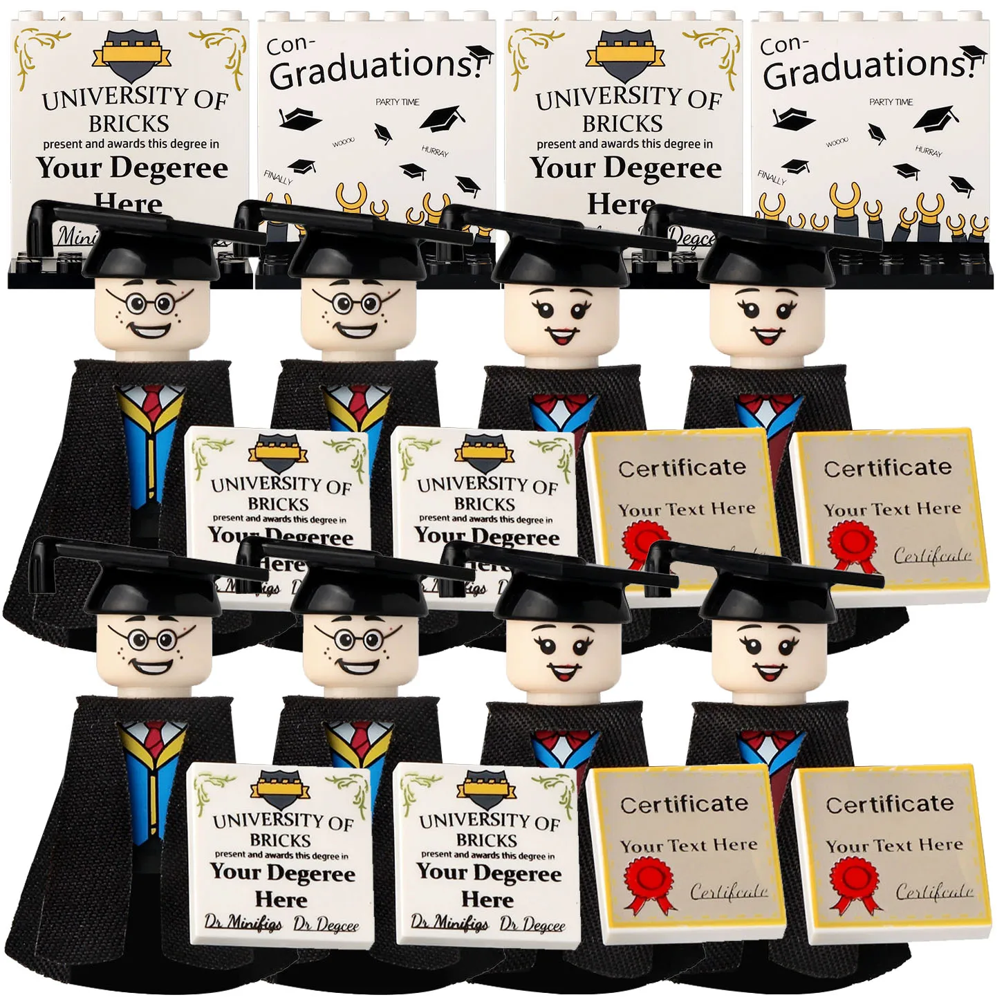 MOC City Figuras de Formandos com Capelo, Blocos de Montar, Diploma de Graduação, Capelo de Formatura, Peças de Parede para Cenário, Brinquedos, Presente