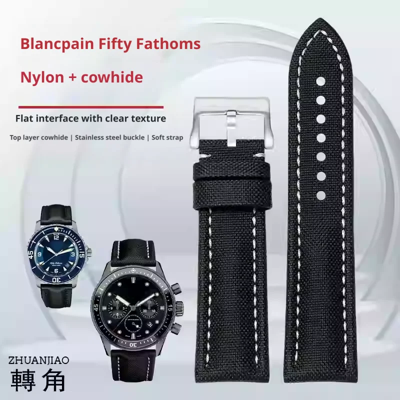New style nylon front genuine leather back 23mm watch strap for Blancpain Fifty Fathoms series watch band wrist bracelet
