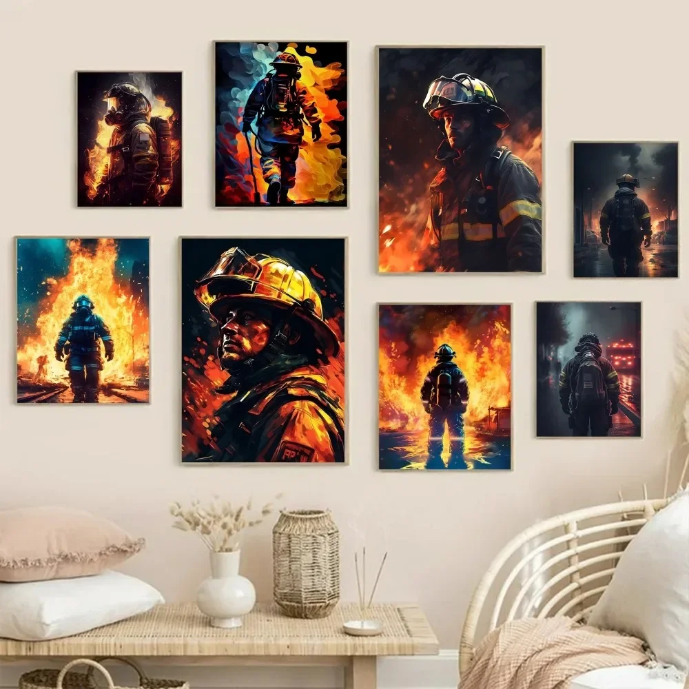 1pc Colorful Firefighter Fire Flame Human Hero Portrait Poster Stickers Art Wall Murals Decor Game Room Decor Gifts Kawaii HD