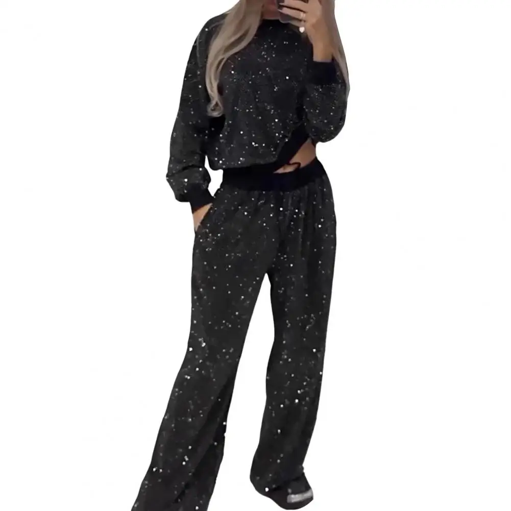 Women Top Pants Set Sequin Women's Top Pants Set with Round Neck Wide Leg Trousers Elegant Daily Outfit for Casual or Commuting