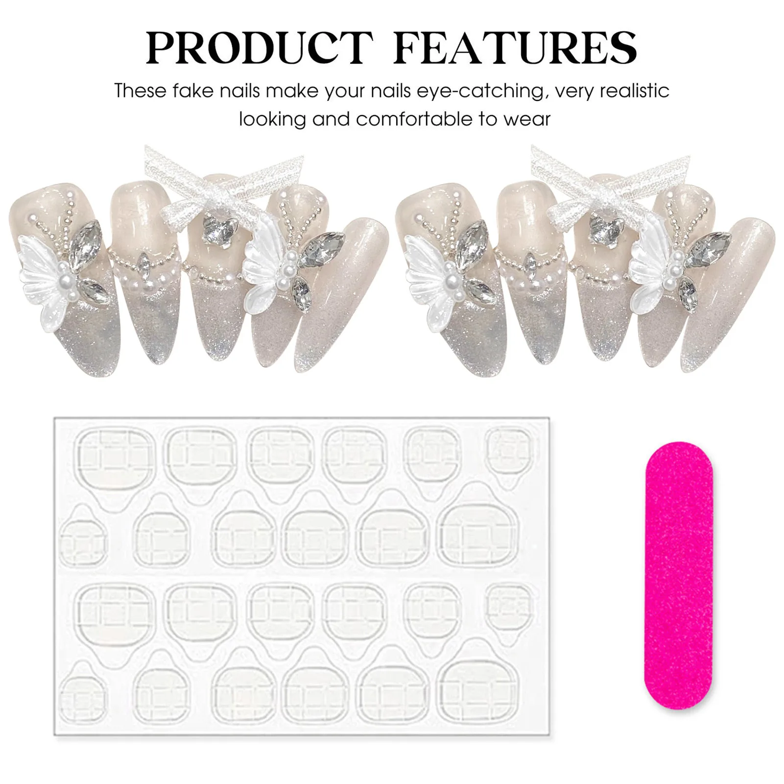 10pcs Flash Cat\'s Eye False Nails Handmade Long Almond Glossy White Press On Nail French Style Bowknot Butterfly Decor Fake Nail