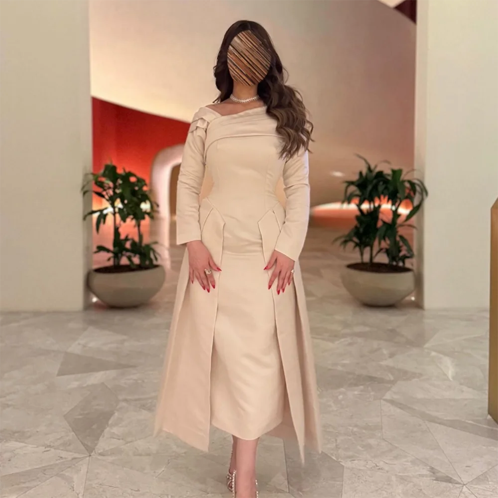 Vestidos de Noche personalizados con cuello en V, manga larga, sencillo, recto, largo hasta el té, sin espalda, vestido de fiesta largo plisado moderno