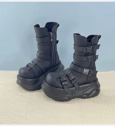 Thick-soled Women's Autumn and Winter Velvet Metal Punk Style Spice Heightening Short Round Head Trendy Cool Locomotive Boots