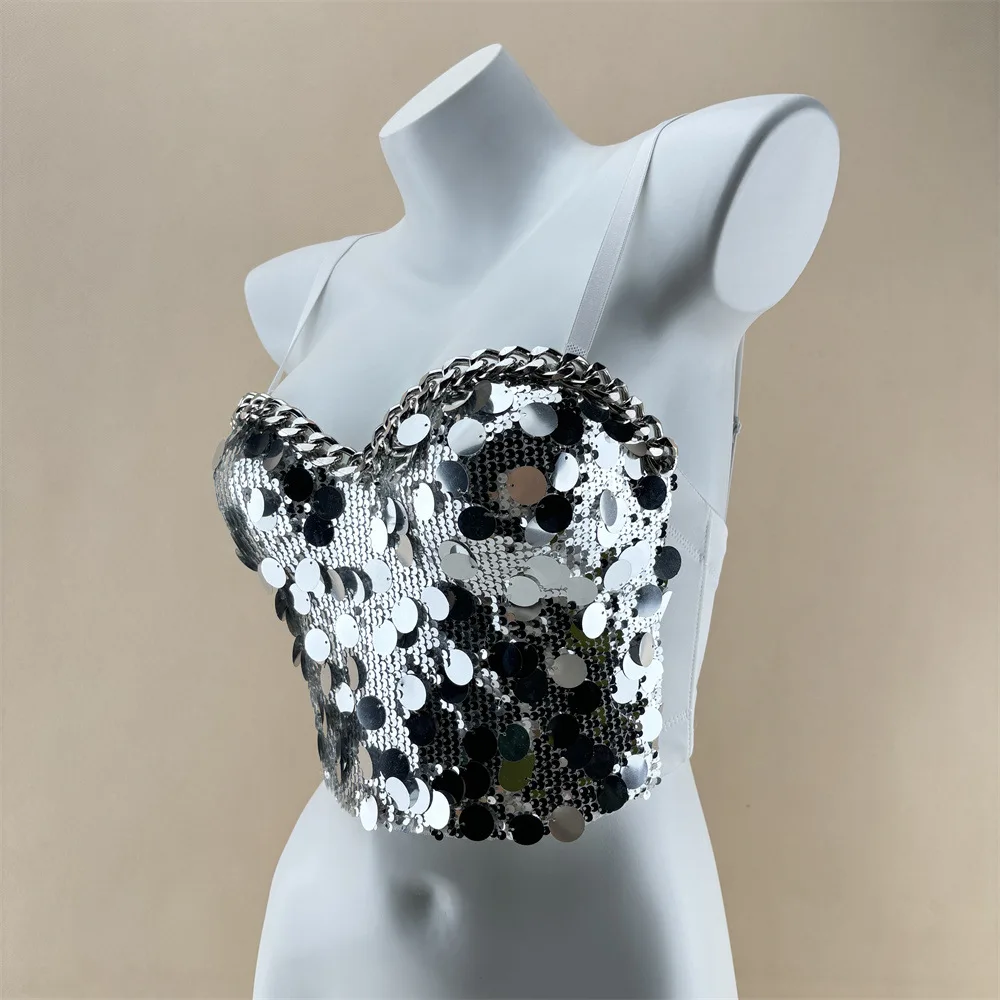 Fish Scale Flake Chain Fishbone Corset Women Nightclub Spice Girl Bustier Tops Hand Sewn Fixed Cups Beauty Back Bra