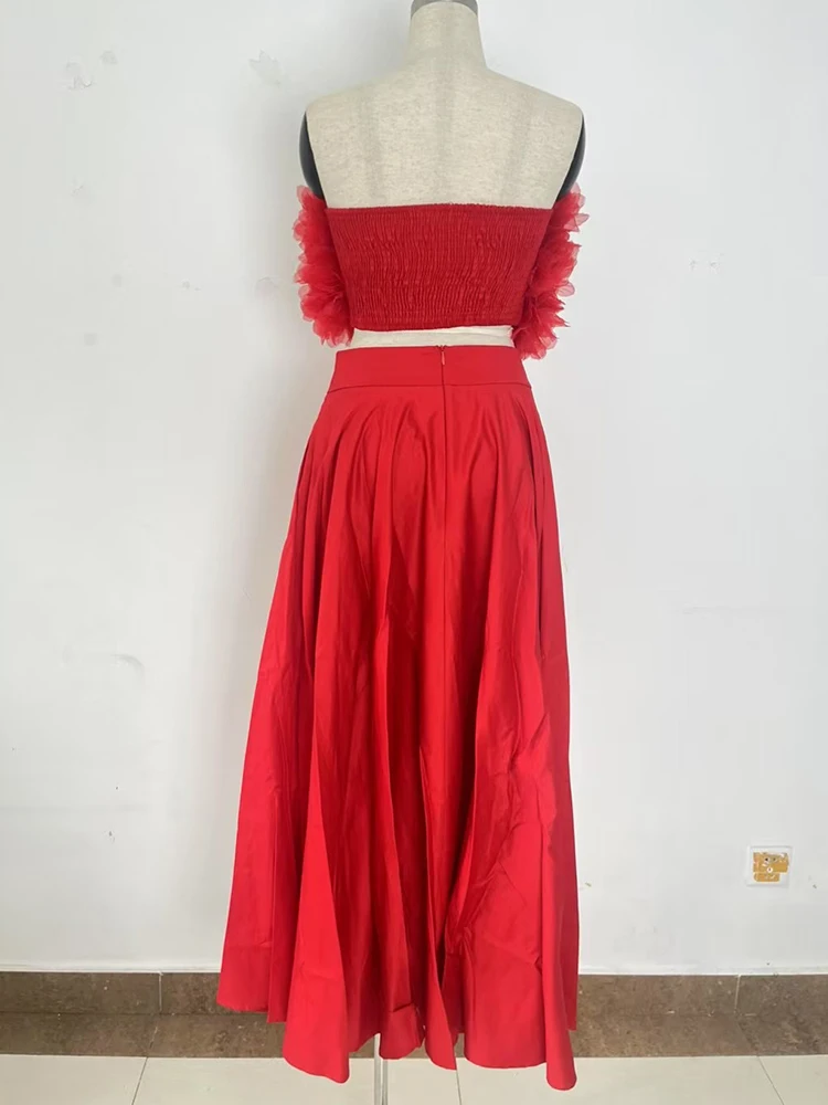 In de zomer van 2025, het nieuwe damespak met driedimensionale bloem elastische sexy tube top en hoge taille A-vormige rok se