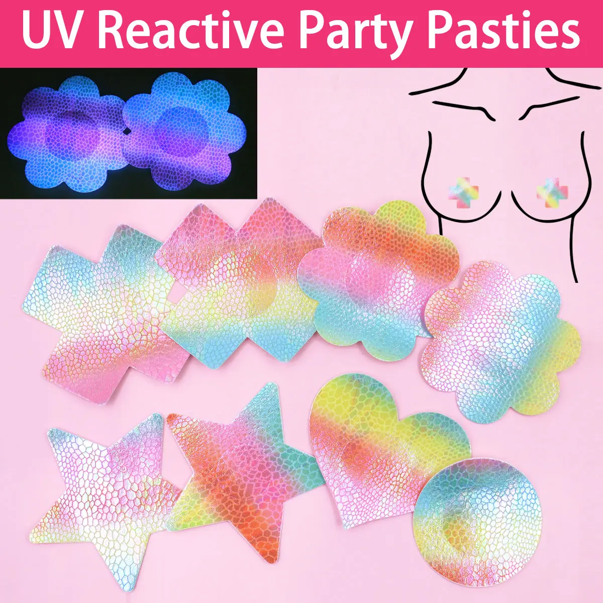 

4PCS Rainbow Gradient UV Reactive Adhesive Nipple Cover Skin Friendly Disposable Chest Patch For Women Party Nightclub Festival