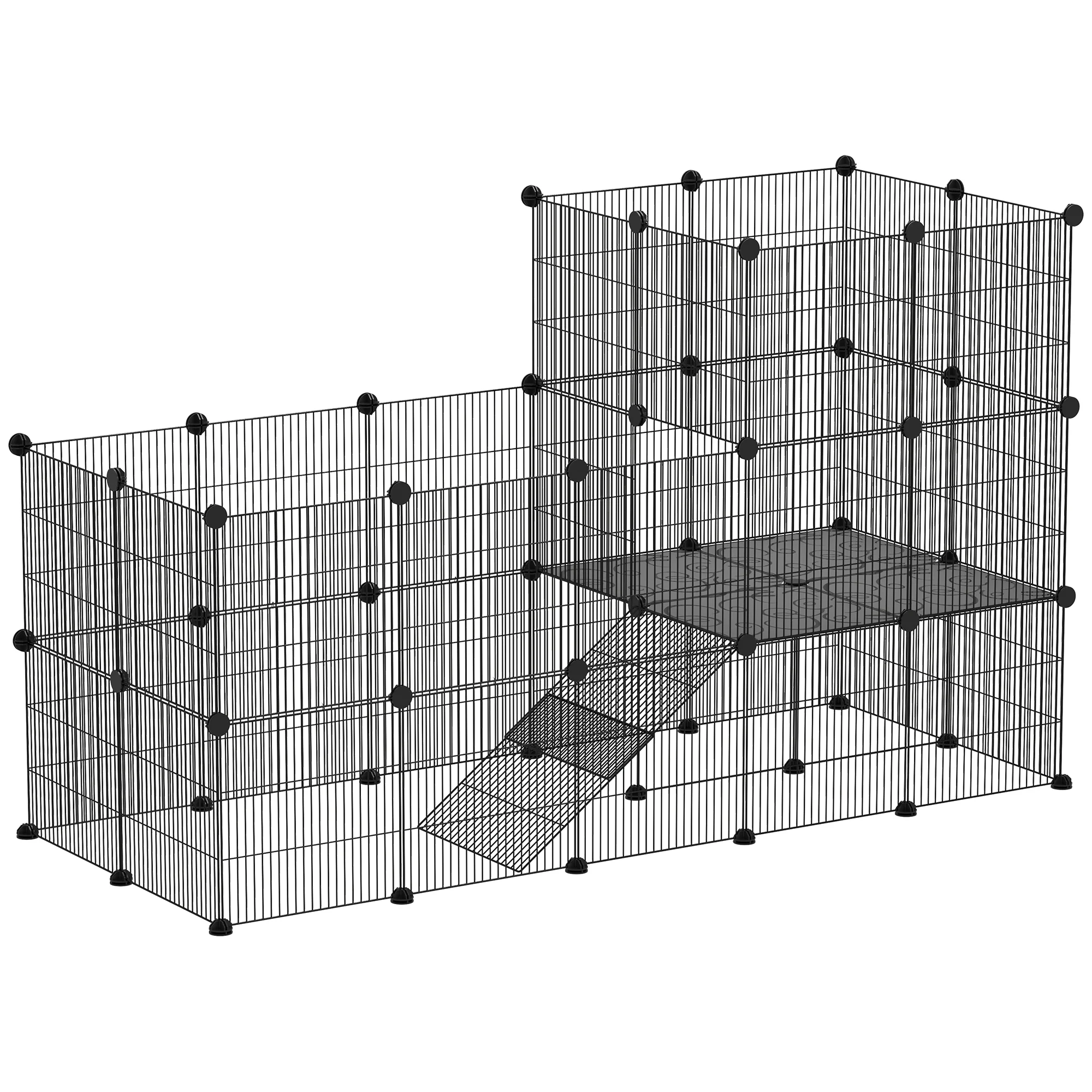 PawHut Enclos pour petits animaux, cage à lapin modulable 2 niveaux, 39 panneaux avec rampe, parc clôture pour animaux domestiques intérieur pour cochons d'inde, lapins, hérissons, en acier, noir