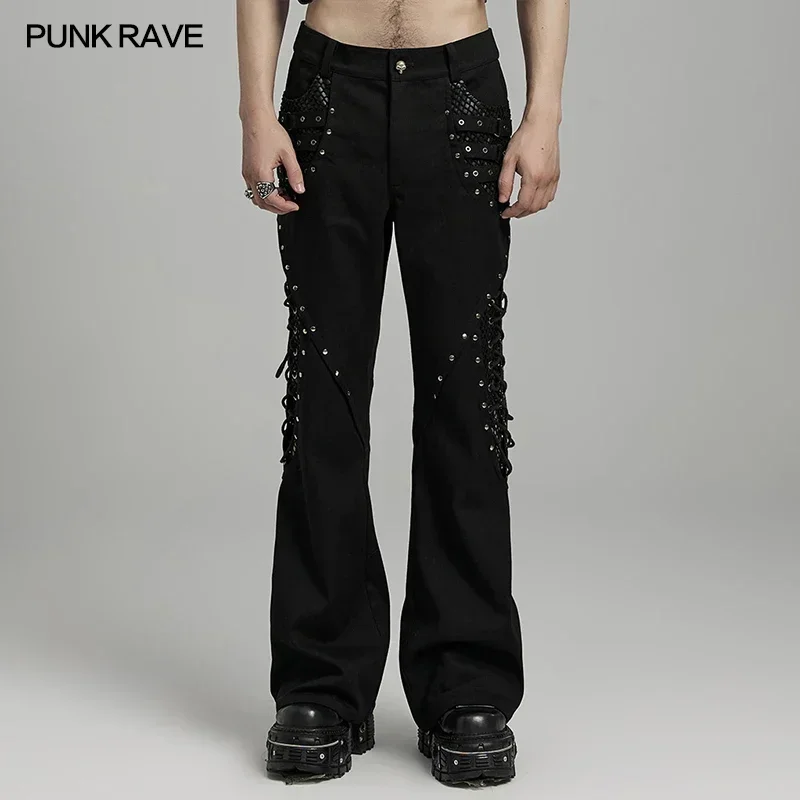 PUNK RAVE Men's Punk Twill Personalized Mesh Hollowed Splicing Design Flare Pants Trousers Streetwear Men Clothing