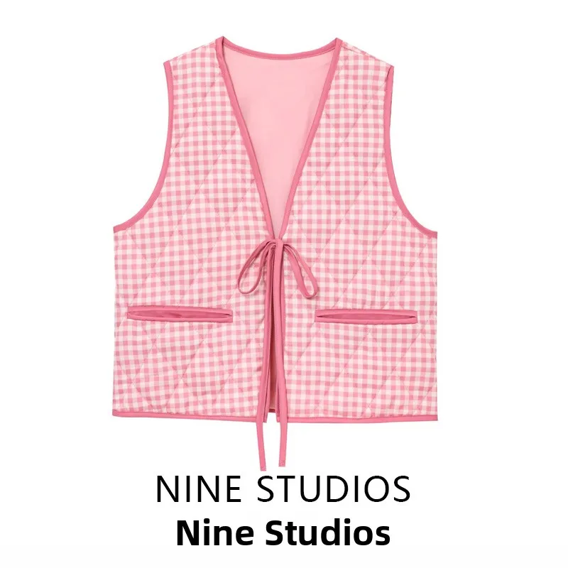 

Nine Za, новый женский свободный жилет в клетку с v-образным вырезом и поясом, верхняя одежда Faion Commute Sle, обычная длина, детали на пуговицах