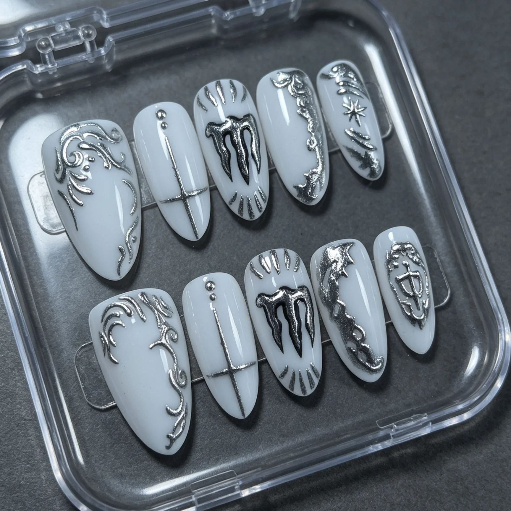 10 pieces of hand pressed almond shaped nails, beautiful fake nails, white background silver Gothic cross, suitable for women