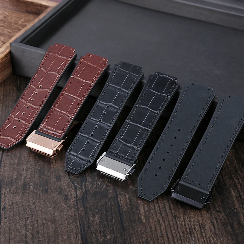 For Hublot strap BIG BANG Watchband stainless buckle free tool Men New real cow cowhide Rubber Watchband 26*19mm Brown Bracelet