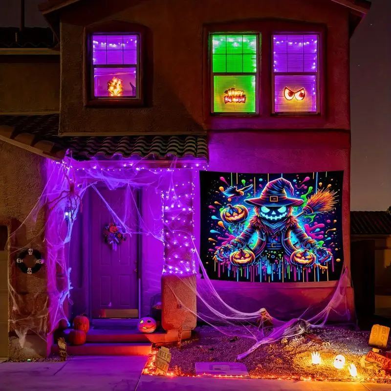 VIKAMA Blacklight Halloween Tapestry UV Reactive Witch Pumpkin Neon Splatter Psychedelic Wall Hanging Party Bedroom Decor