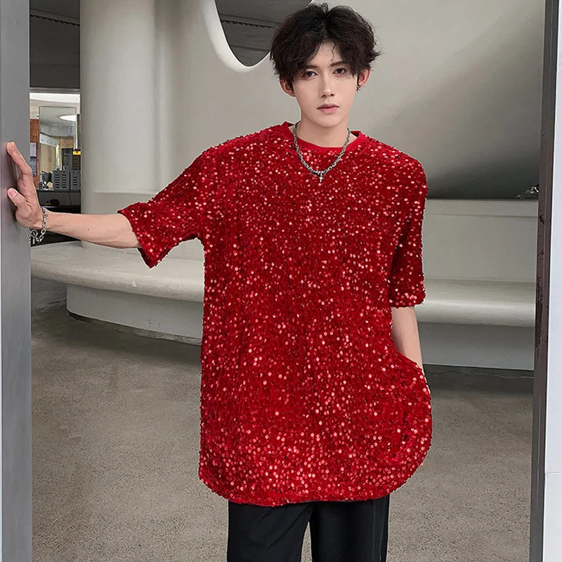 Shiny Sequins Men's T Shirt Hip Hop Loose Short Sleeve Unisex Glitter T-Shirts Club Stage Dance Performance Costume Plus Size