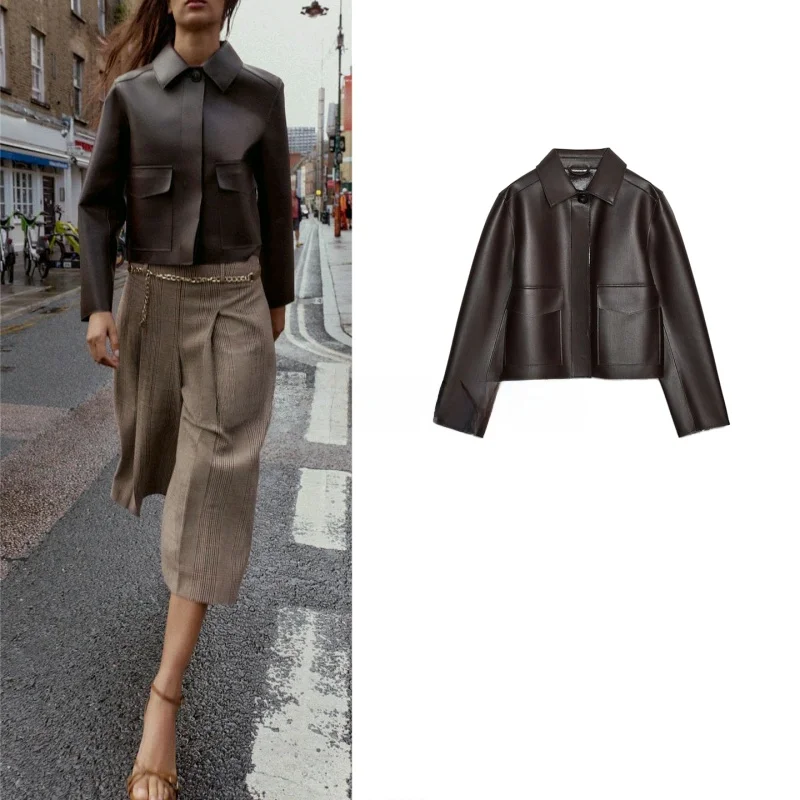 Autunno nuove donne Briti Sle lungo Sve risvolto sciolto pelle PU ort Jaet cappotto casual Sle fibra di poliestere bottone Clo...