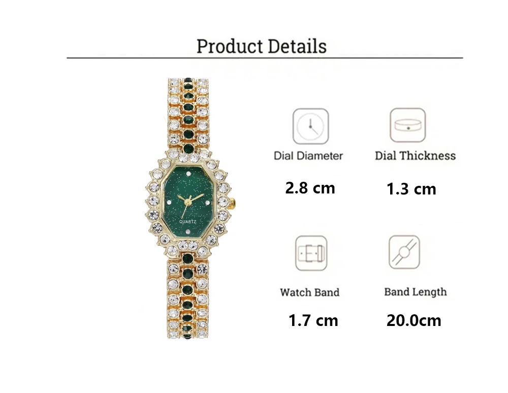 Luxury Women\'s Watch Metal Strap Fashion Distinguished Green Square Rhinestone Set Full Diamond Strap Quartz Watch for Women