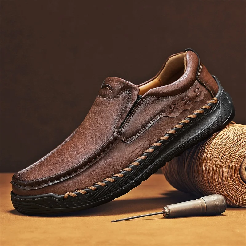 

Men's Plus-Size Hand-Stitched Bean Shoes - 2025 New Microfiber Leather Soft-Sole Slip-On Casual Loafers