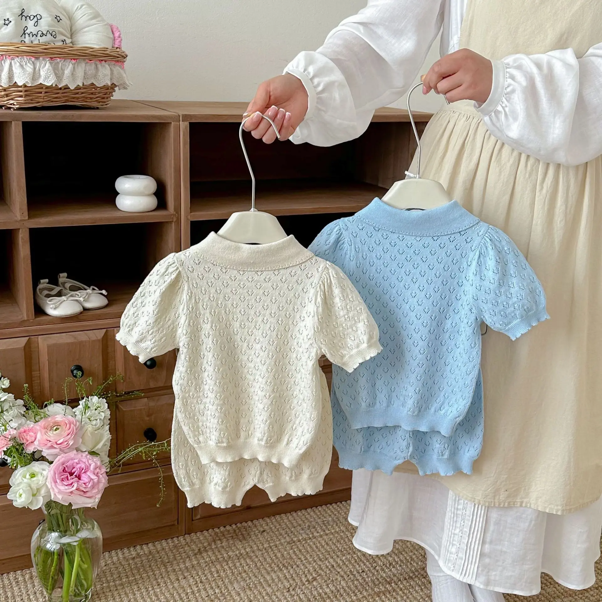 2026 Summer New Baby Short Sleeve Clothes Set Girls Hollowed Out Knitted Tops + Shorts 2pcs Suit Thin Fashion Toddler Outfits