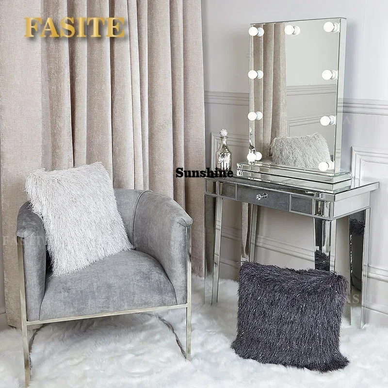 Crystal Shinny Mirrored Frame Decor Vanity Dresser Silver Glass Dressing Table For Bedroom Furniture